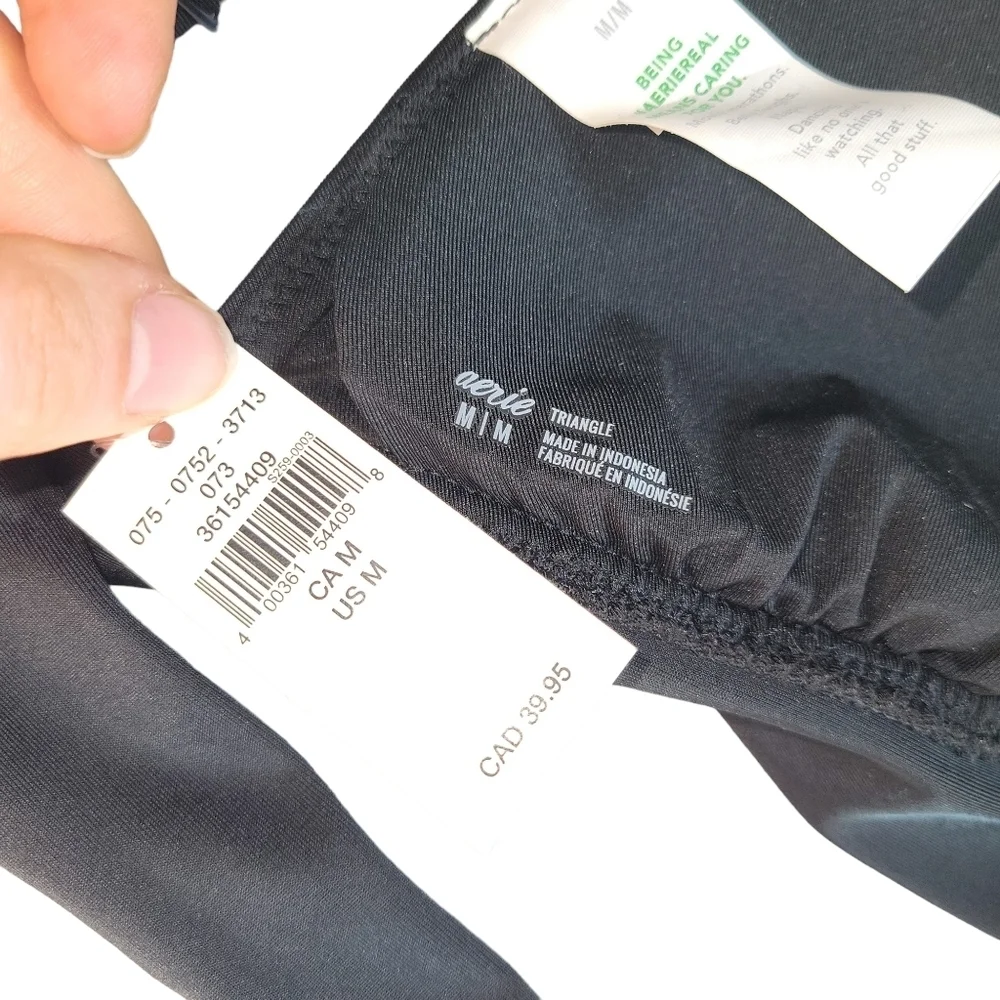 Aerie NWT Black Smooth Tie Longline Triangle Bikini Top Women's Size M
